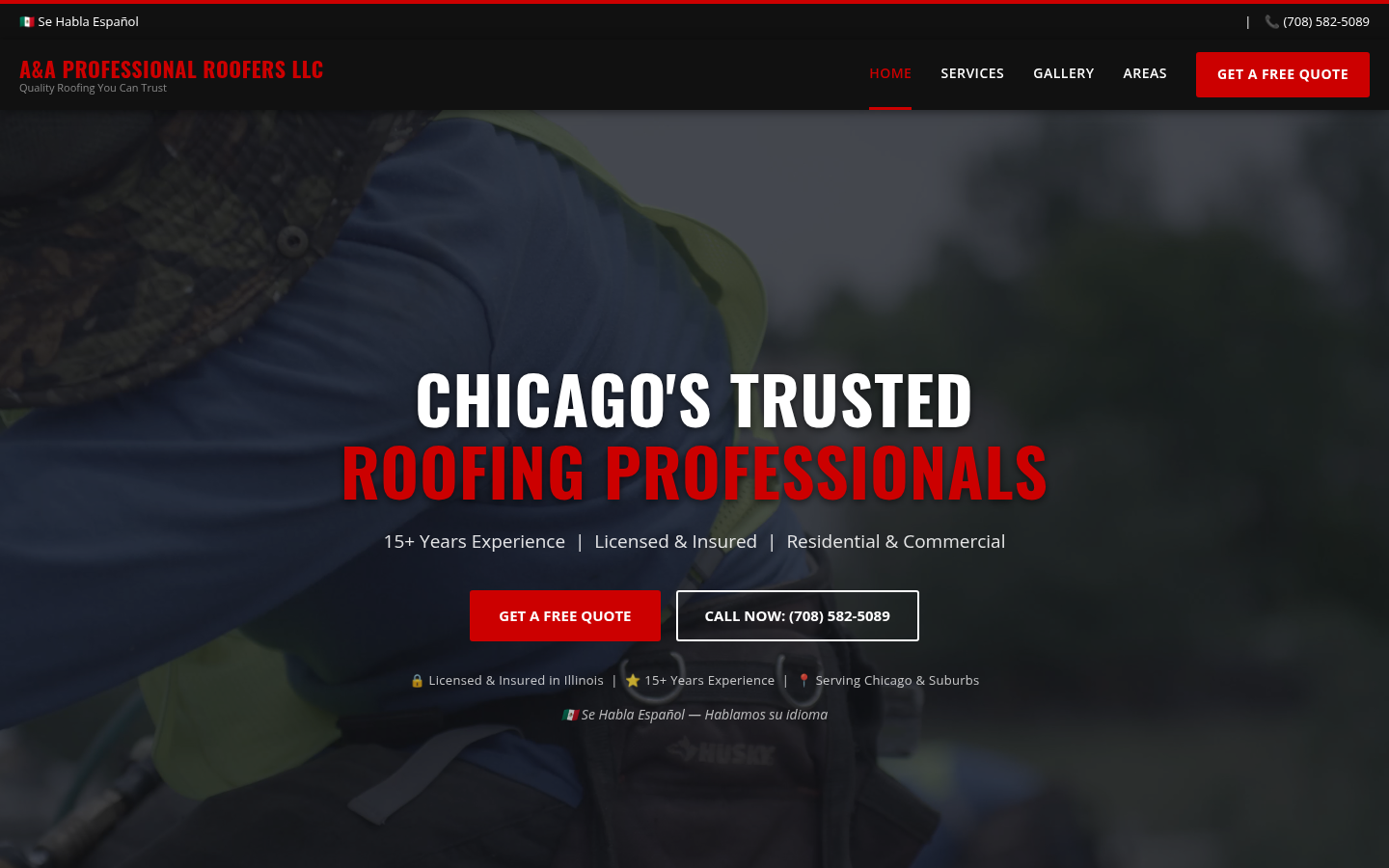 Screenshot of the A&A Professional Roofers website homepage