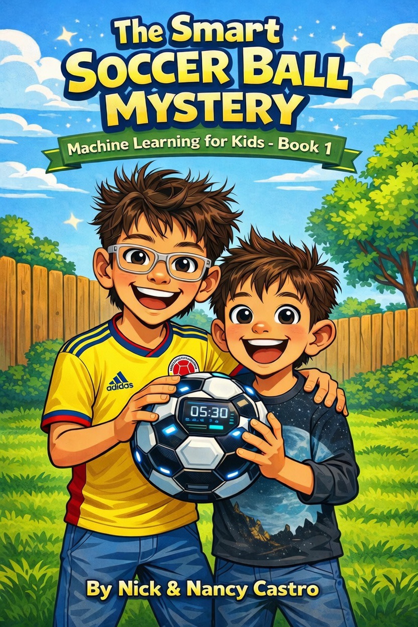 Cover of The Smart Soccer Ball Mystery: Machine Learning for Kids, Book 1, by Nick and Nancy Castro