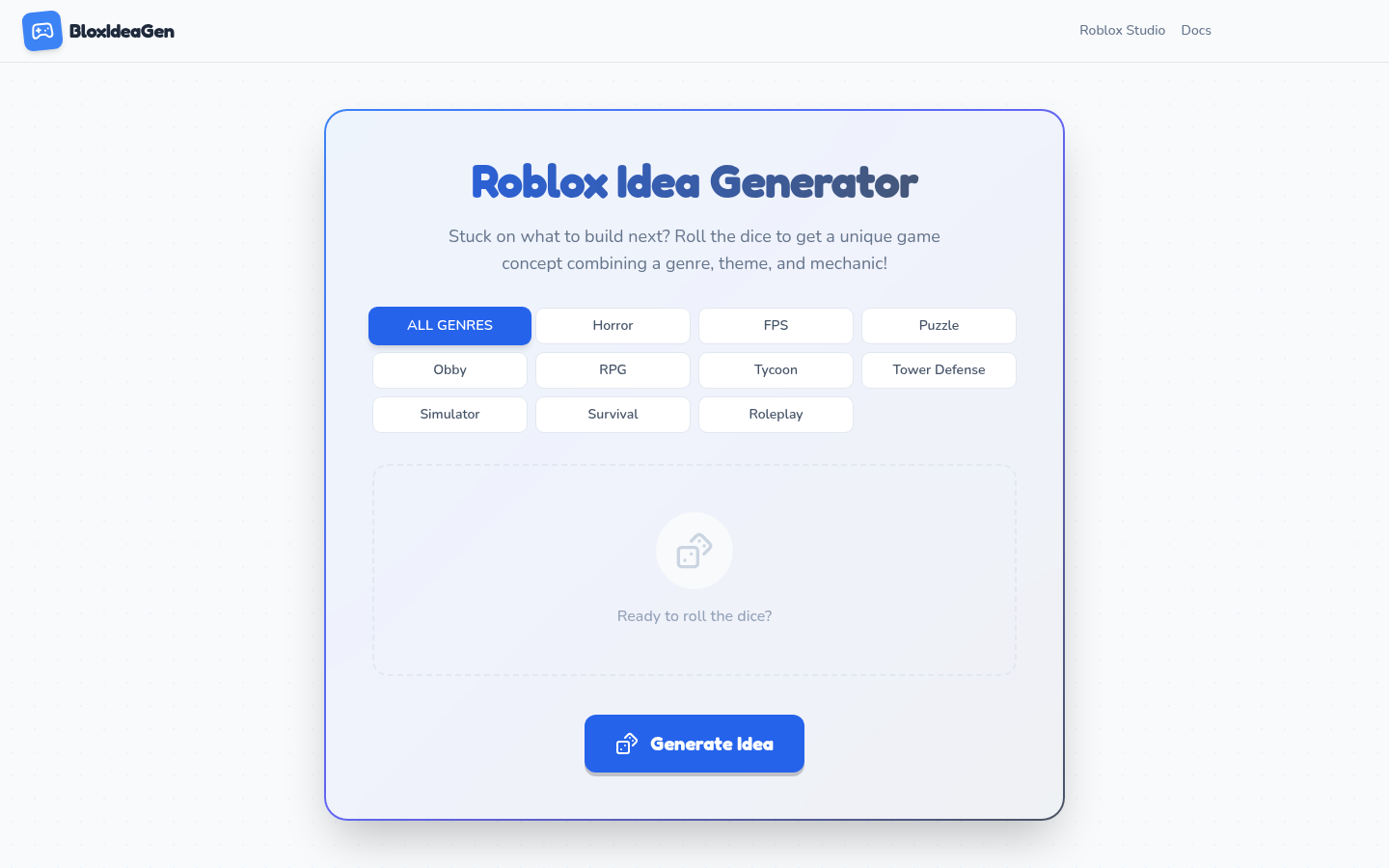 Screenshot of the Roblox Idea Generator web app